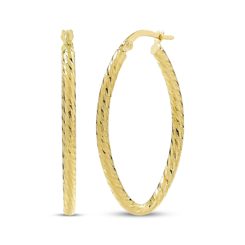 Main Image 1 of Italian Brilliance Diamond-Cut Oval Hoop Earrings 14K Yellow Gold 25mm