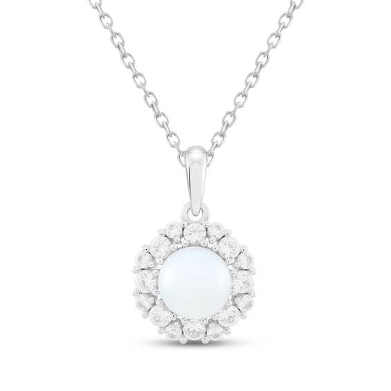 Cultured Pearl & White Lab-Created Sapphire Halo Necklace Sterling Silver 18"