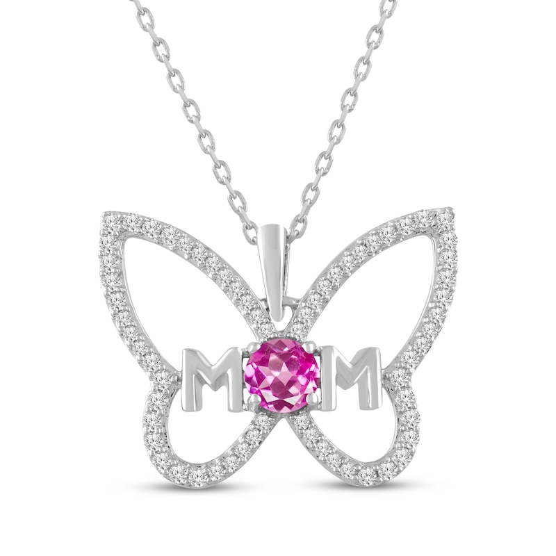 Main Image 1 of Pink & White Lab-Created Sapphire Butterfly "Mom" Necklace Sterling Silver 18"