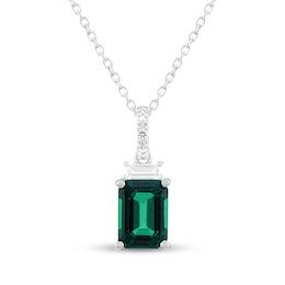 Emerald-Cut Lab-Created Emerald & White Lab-Created Sapphire Necklace Sterling Silver 18"