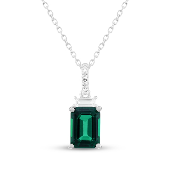 Emerald-Cut Lab-Created Emerald & White Lab-Created Sapphire Necklace Sterling Silver 18"
