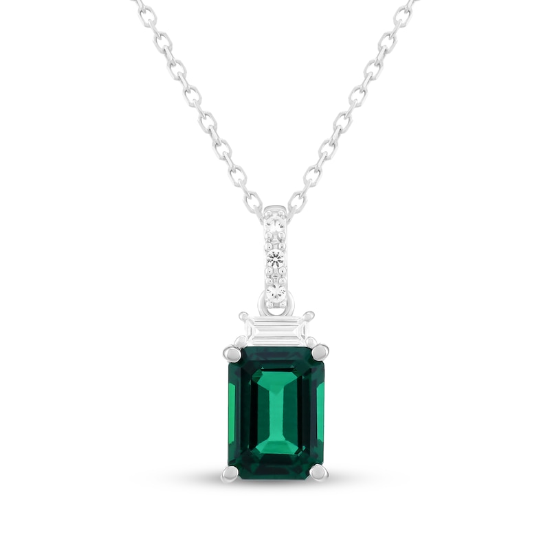 Main Image 1 of Emerald-Cut Lab-Created Emerald & White Lab-Created Sapphire Necklace Sterling Silver 18"