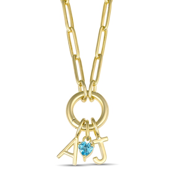 Initials and Birthstone Heart Paperclip Chain Necklace (2 Initials and 1 Stone)