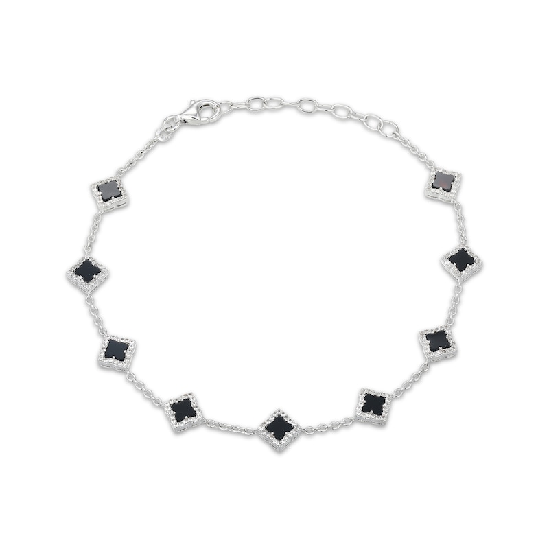 Main Image 1 of Clover-Shaped Black Onyx & White Lab-Created Sapphire Station Bracelet Sterling Silver 7.25"