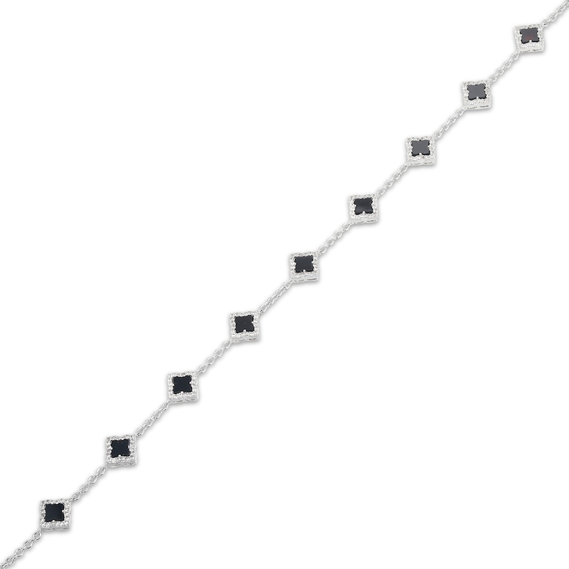 Main Image 2 of Clover-Shaped Black Onyx & White Lab-Created Sapphire Station Bracelet Sterling Silver 7.25"