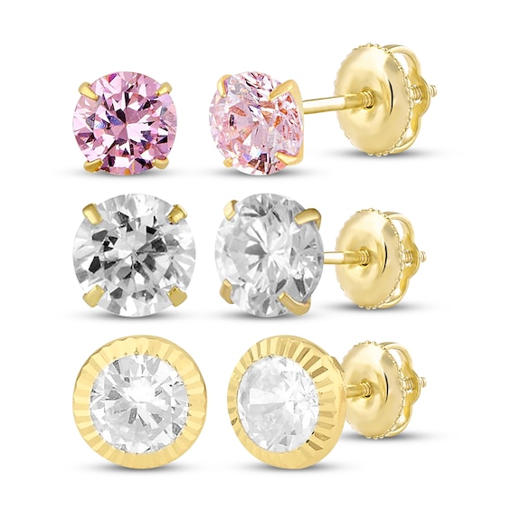 Children's Cubic Zirconia Solitaire Stud Earrings Gift Set 14K Yellow Gold