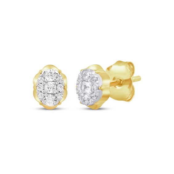 Princess & Round-Cut Multi-Diamond Scalloped Oval Stud Earrings 1/4 ct tw 10K Yellow Gold