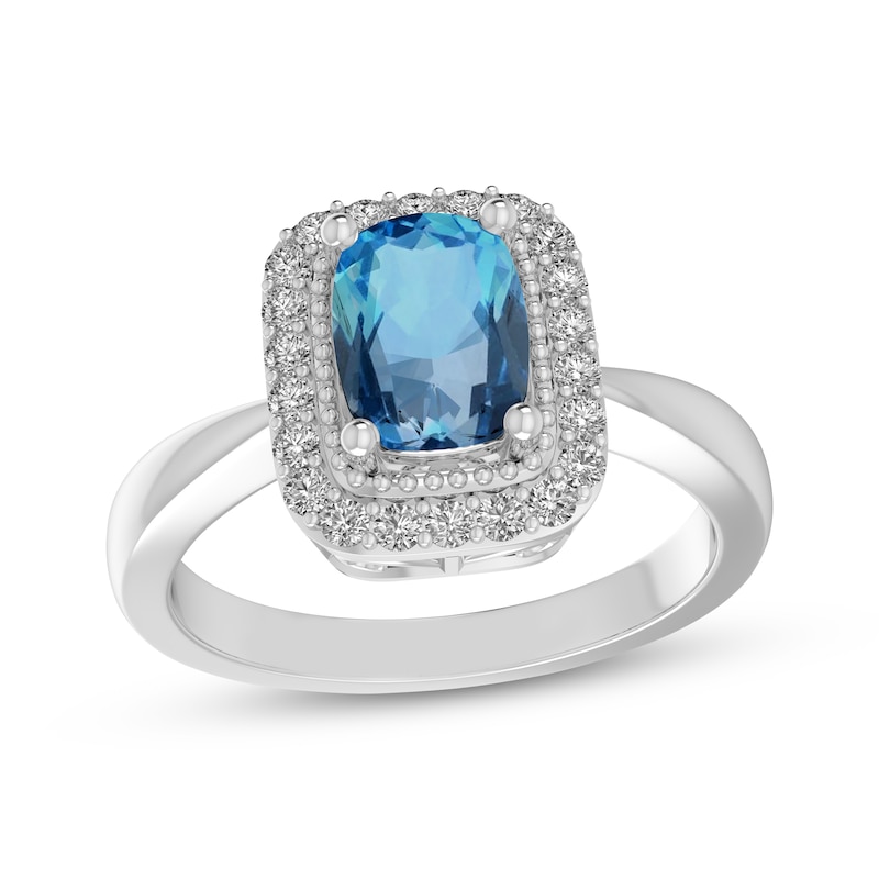 Main Image 1 of Cushion-Cut Swiss Blue Topaz & White Lab-Created Sapphire Halo Ring Sterling Silver