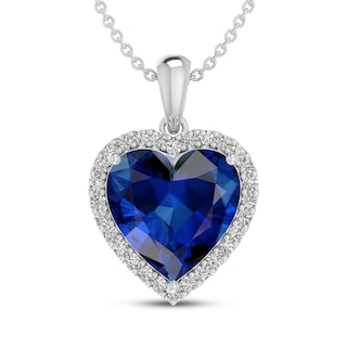 Heart-Shaped Blue Lab-Created Sapphire & White Lab-Created Sapphire Halo Necklace Sterling Silver 18"
