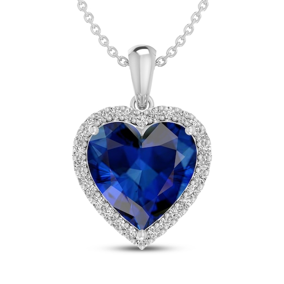 Heart-Shaped Blue Lab-Created Sapphire & White Lab-Created Sapphire Halo Necklace Sterling Silver 18"