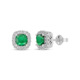 Cushion-Cut Lab-Created Emerald & White Lab-Created Sapphire Halo Stud Earrings Sterling Silver
