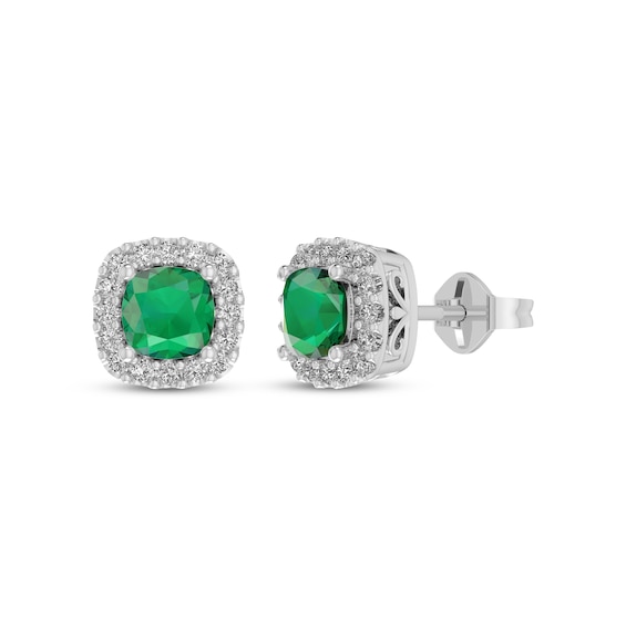 Cushion-Cut Lab-Created Emerald & White Lab-Created Sapphire Halo Stud Earrings Sterling Silver