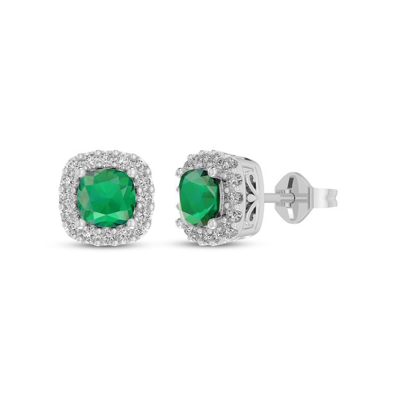 Main Image 1 of Cushion-Cut Lab-Created Emerald & White Lab-Created Sapphire Halo Stud Earrings Sterling Silver