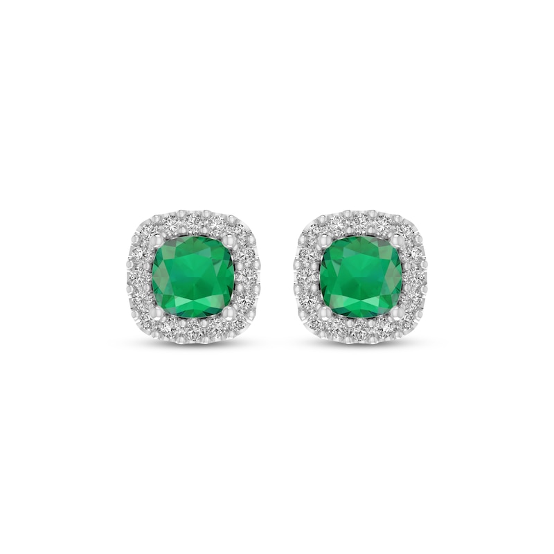 Main Image 2 of Cushion-Cut Lab-Created Emerald & White Lab-Created Sapphire Halo Stud Earrings Sterling Silver