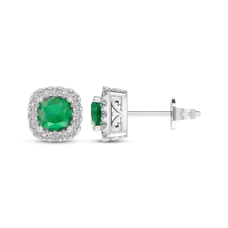 Main Image 3 of Cushion-Cut Lab-Created Emerald & White Lab-Created Sapphire Halo Stud Earrings Sterling Silver