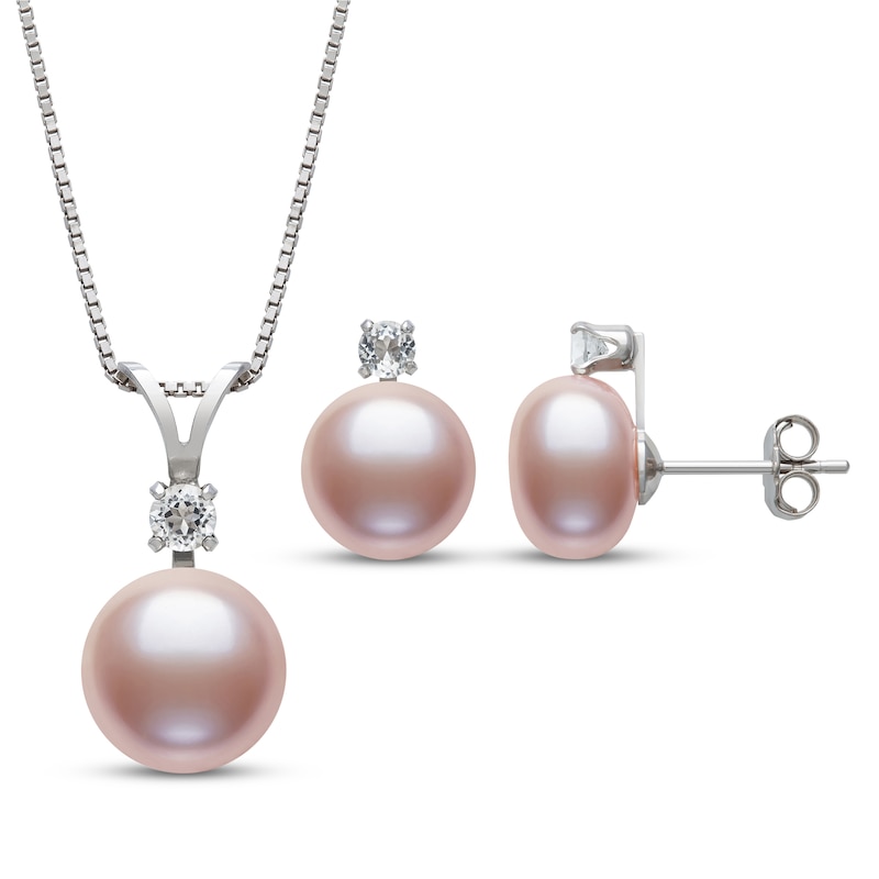 Main Image 1 of Pink Freshwater Cultured Pearl & White Lab-Created Sapphire Necklace & Earrings Set Sterling Silver