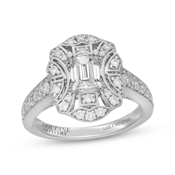 Neil Lane Artistry Emerald-Cut Lab-Grown Diamond Vintage-Style Engagement Ring 1-1/3 ct tw 14K White Gold