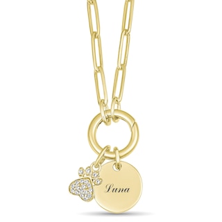 Lab-Created White Sapphire Dog Paw and Round Disc Paperclip Chain Necklace 18" (1 Line)