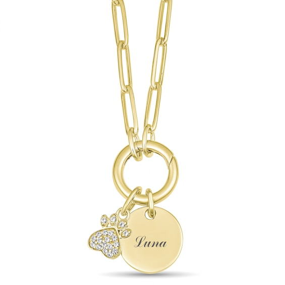 Lab-Created White Sapphire Dog Paw and Round Disc Paperclip Chain Necklace (1 Line)
