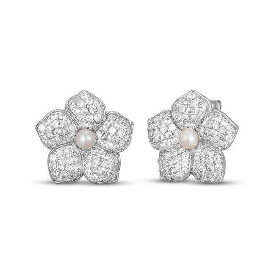 Cultured Pearl & White Lab-Created Sapphire Flower Stud Earrings Sterling Silver