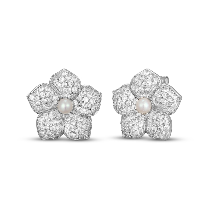 Main Image 1 of Cultured Pearl & White Lab-Created Sapphire Flower Stud Earrings Sterling Silver