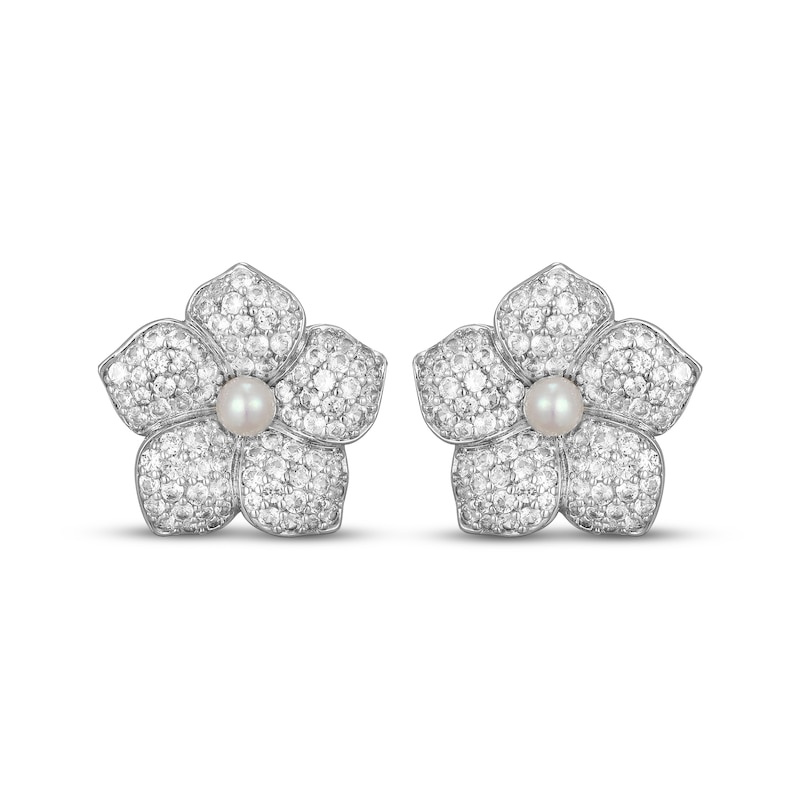 Main Image 2 of Cultured Pearl & White Lab-Created Sapphire Flower Stud Earrings Sterling Silver