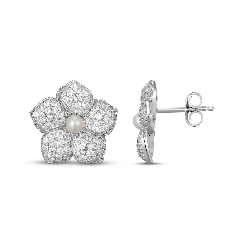 Main Image 3 of Cultured Pearl & White Lab-Created Sapphire Flower Stud Earrings Sterling Silver