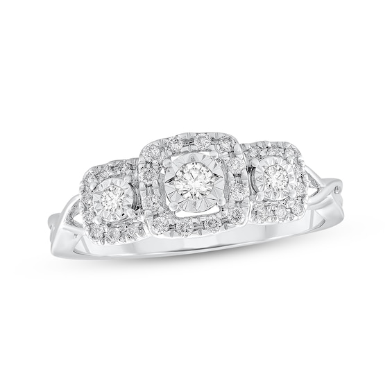 Diamond Three-Stone Cushion Halo Engagement Ring 1/5 ct tw 10K White Gold