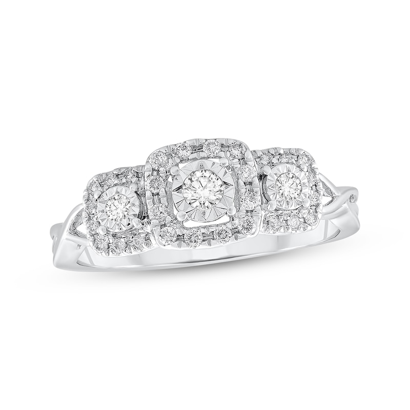 Main Image 1 of Diamond Three-Stone Cushion Halo Engagement Ring 1/5 ct tw 10K White Gold