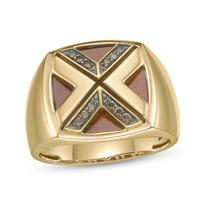 Main Image 1 of Twelve Crowns Men's Brown Diamond & Natural Tiger's Eye Signet Ring 1/6 ct tw 14K Yellow Gold-Plated Sterling Silver