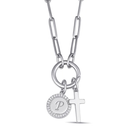 1/15 ct tw Diamond Round Disc and Cross Paperclip Chain Necklace (1 Initial)