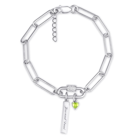 Birthstone Heart and Bar with Lab-Created White Sapphire Accent Paperclip Chain Bracelet (1 Stone and Line)