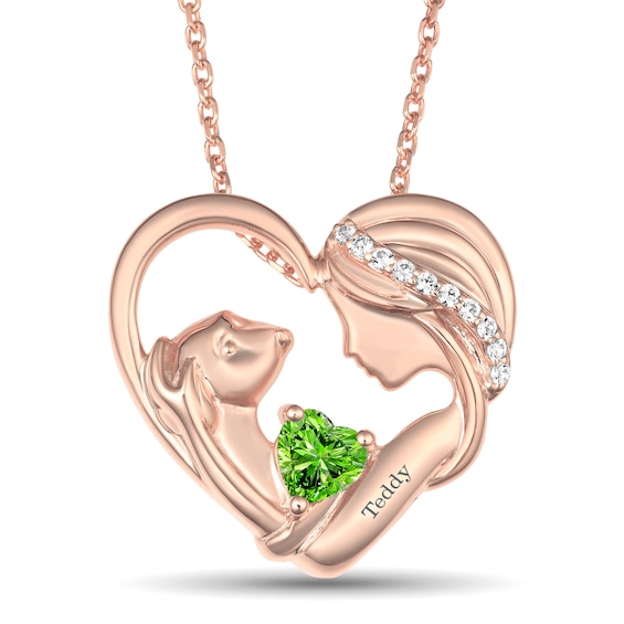 Lab-Created White Sapphire and Birthstone Dog Heart Necklace (1 Stone and Line)