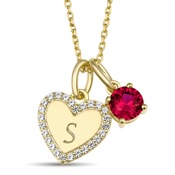 Round Birthstone and White Lab-Created Sapphire Heart Charm Initial Necklace (1 Stone and 1 Initial)