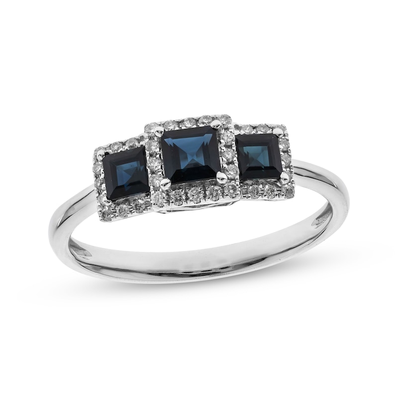 Square-Cut Natural Blue Sapphire & Diamond Three-Stone Ring 1/8 ct tw 10K White Gold