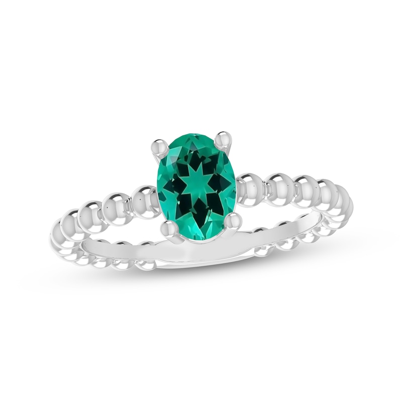 Oval-Cut Lab-Created Emerald Beaded Ring Sterling Silver