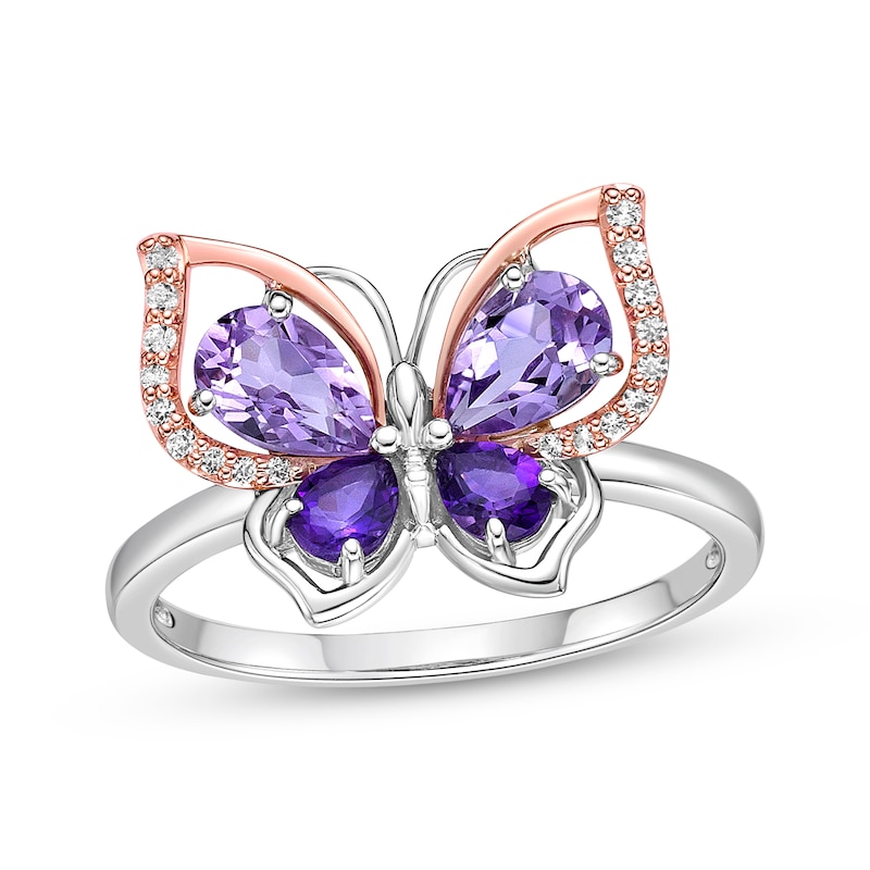 Main Image 1 of Pear-Shaped Amethyst & Round-Cut White Lab-Created Sapphire Butterfly Ring Sterling Silver & 10K Rose Gold