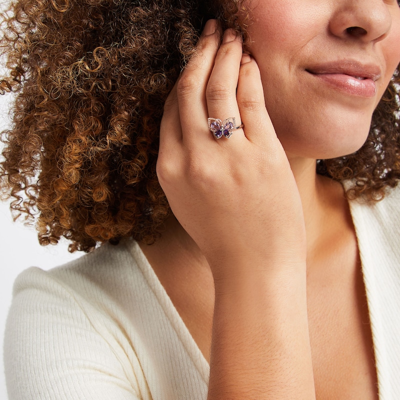Main Image 3 of Pear-Shaped Amethyst & Round-Cut White Lab-Created Sapphire Butterfly Ring Sterling Silver & 10K Rose Gold