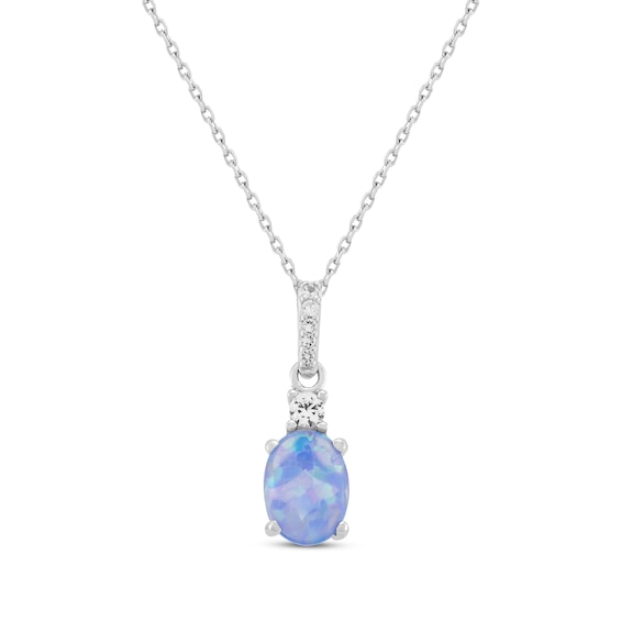 Oval-Cut Blue Lab-Created Opal & White Lab-Created Sapphire Necklace Sterling Silver 18"
