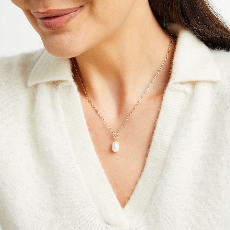 Main Image 4 of Cultured Pearl Drop Paperclip Chain Toggle Necklace 10K Yellow Gold 17&quot;