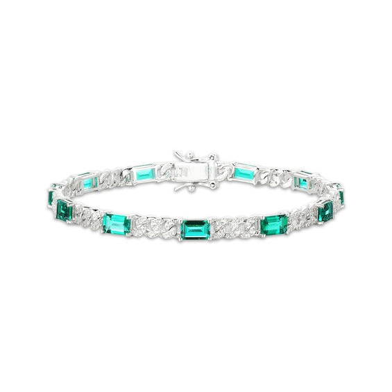 Emerald-Cut Lab-Created Emerald & White Lab-Created Sapphire Bracelet Sterling SIlver 7.25"