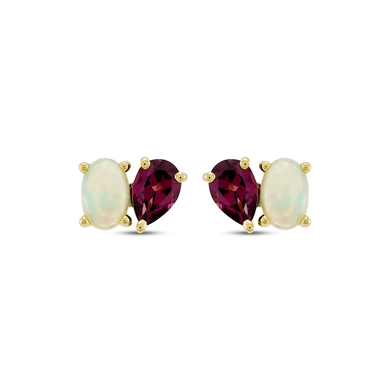 Main Image 2 of Toi et Moi Oval-Cut Opal & Pear-Shaped Rhodolite Garnet Earrings 10K Yellow Gold