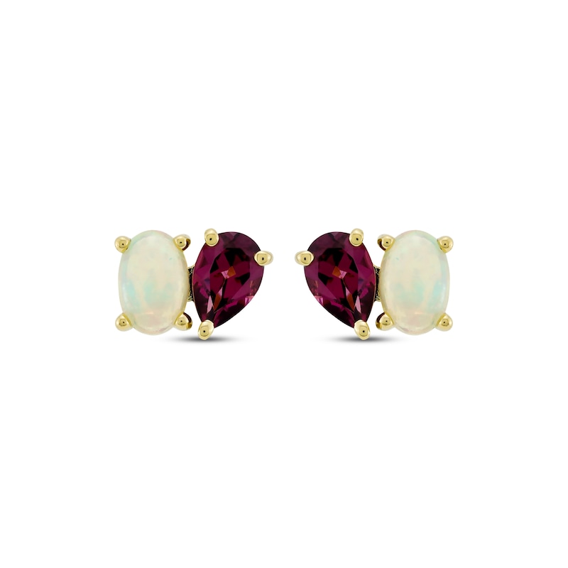 Toi et Moi Oval-Cut Opal & Pear-Shaped Rhodolite Garnet Earrings 10K Yellow Gold