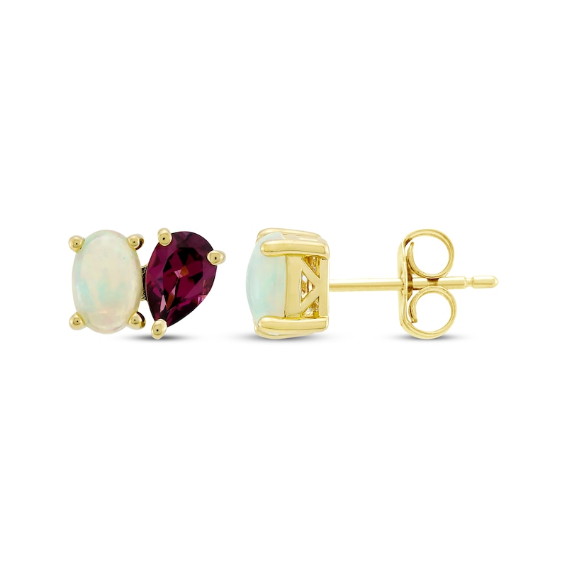 Toi et Moi Oval-Cut Opal & Pear-Shaped Rhodolite Garnet Earrings 10K Yellow Gold