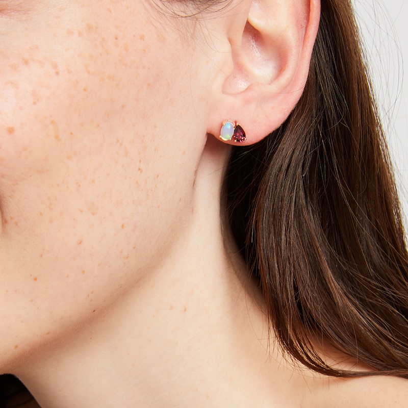Toi et Moi Oval-Cut Opal & Pear-Shaped Rhodolite Garnet Earrings 10K Yellow Gold