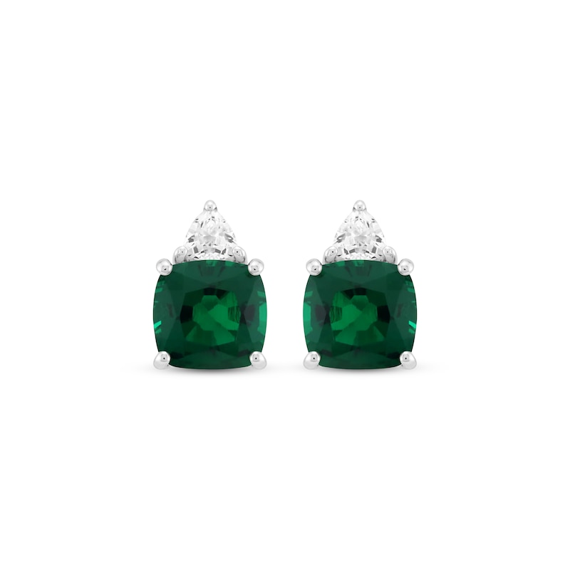 Main Image 2 of Cushion-Cut Lab-Created Emerald & White Lab-Created Sapphire Stud Earrings Sterling Silver