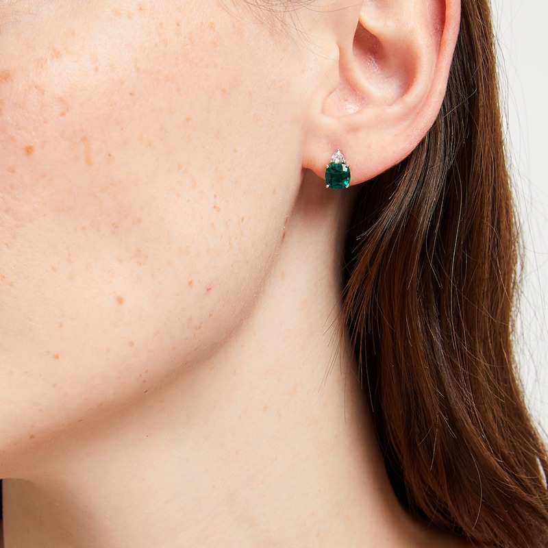 Main Image 4 of Cushion-Cut Lab-Created Emerald & White Lab-Created Sapphire Stud Earrings Sterling Silver