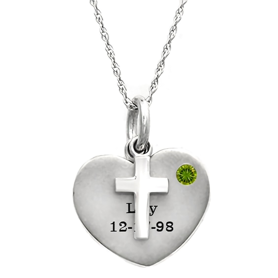 Birthstone Engravable Cross Heart Necklace (1 Stone and 2 Lines)