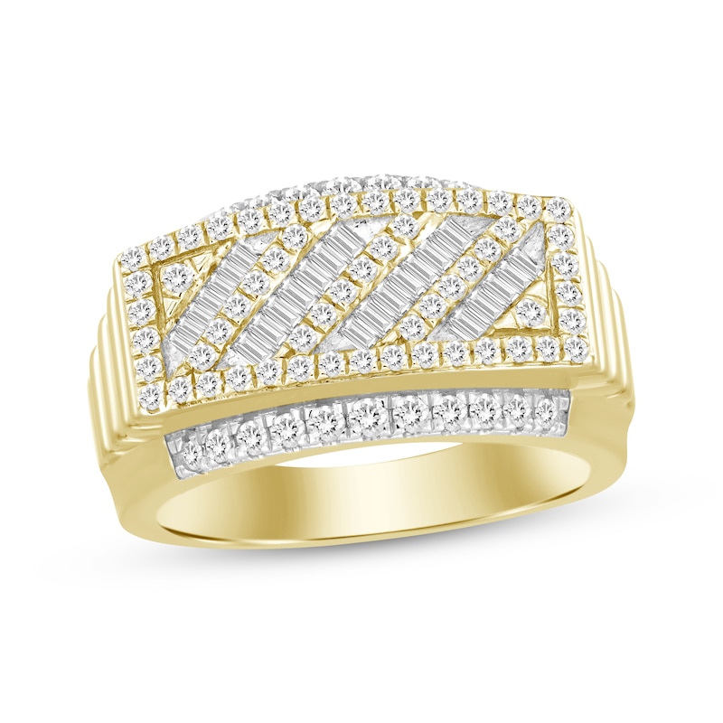 Main Image 1 of Men's Baguette & Round-Cut Diamond Diagonal Ring 1 ct tw 10K Yellow Gold