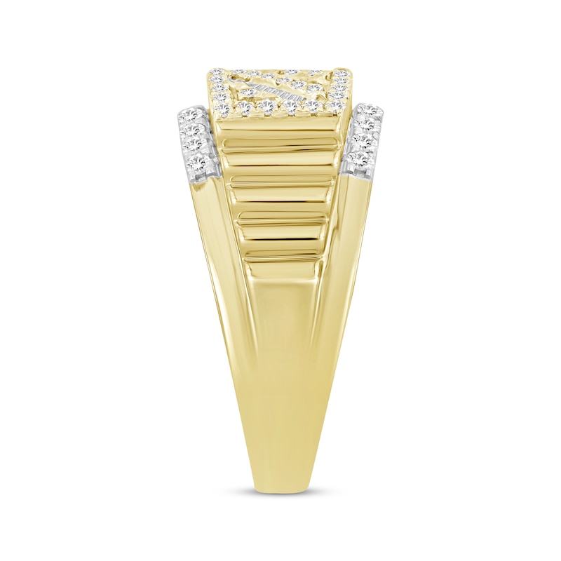 Main Image 2 of Men's Baguette & Round-Cut Diamond Diagonal Ring 1 ct tw 10K Yellow Gold